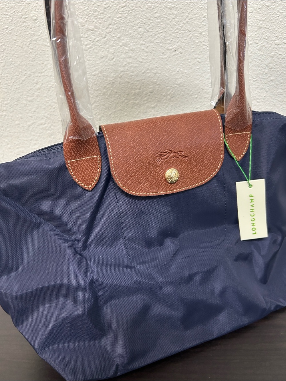 Longchamp Navy with Brown Leather Le Pliage Small Tote - Picture 4 of 6